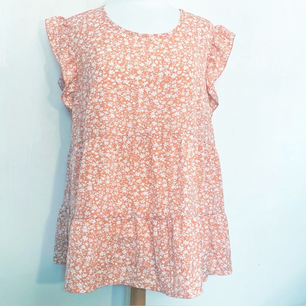 SHEIN Curve Light Orange & White Floral Tiered Ruffle Cap Sleeve Babydoll Top 2X